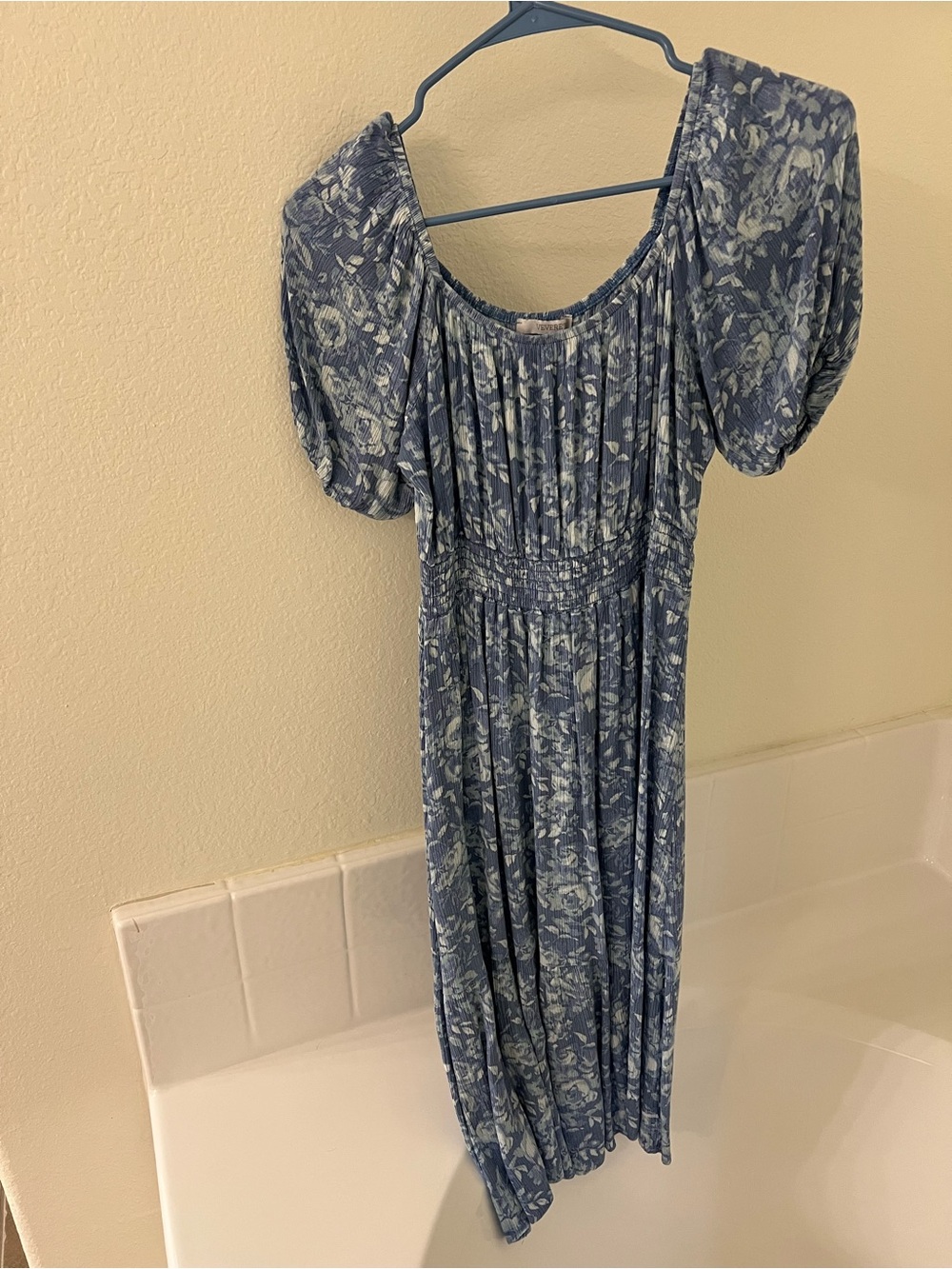 Blue Floral Midi Dress with Puff Sleeves- small- maternity